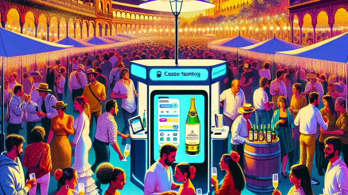 A vibrant scene of the Feria de Córdoba at dusk, crowds enjoying casetas and festivities, a visible alcohol test kiosk and a group using a smartphone with a chatbot interface, in digital illustration style, lively and colorful lighting, details like traditional flamenco dresses and Moët & Chandon bottles in the foreground.