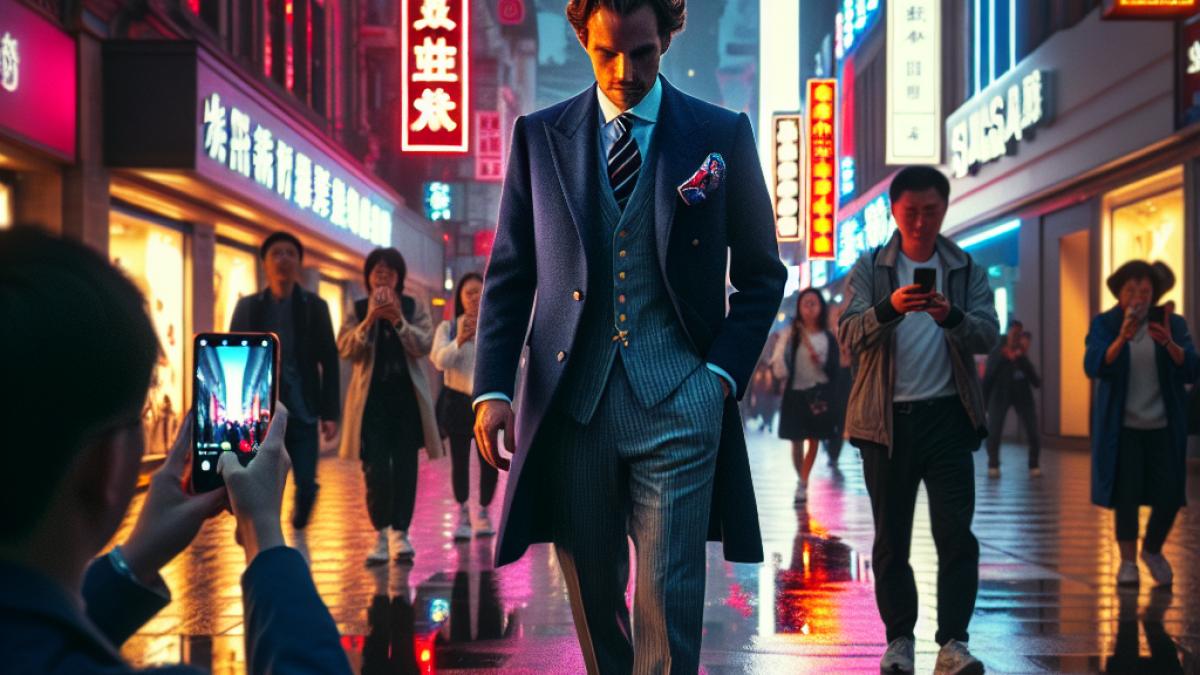Prince Harry walking through a bustling Shanghai street at dusk, photojournalistic style, contemplative mood, with neon lights reflecting on wet pavement and curious onlookers capturing the moment on smartphones.