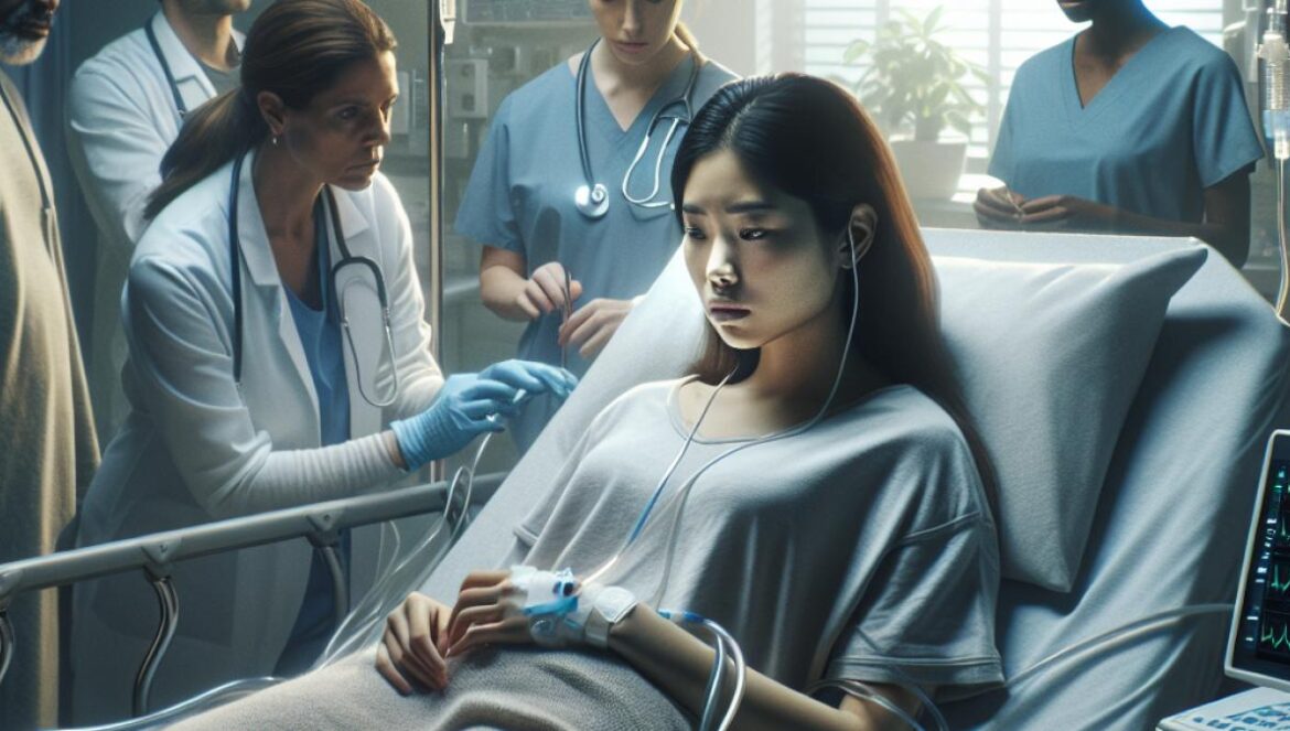 A tense hospital scene with doctors and worried family members around a young woman in a hospital bed, photorealistic editorial style, soft morning light, medical equipment and subtle emotional expressions conveying concern.