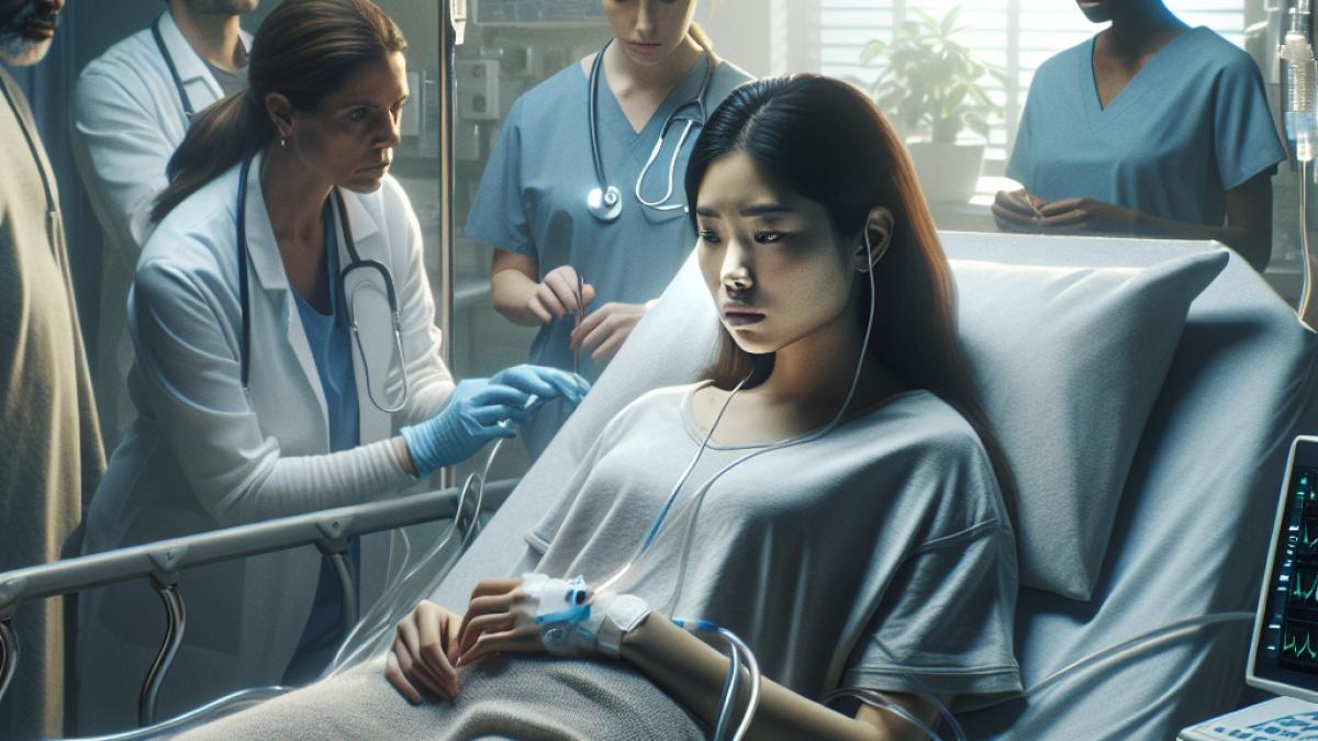 A tense hospital scene with doctors and worried family members around a young woman in a hospital bed, photorealistic editorial style, soft morning light, medical equipment and subtle emotional expressions conveying concern.