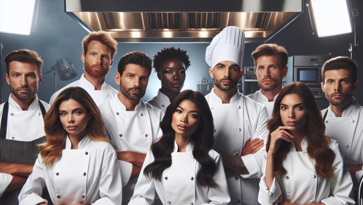 A group of renowned chefs, dressed in crisp white jackets, standing around a modern kitchen counter on a TV set, photorealistic editorial style, bright studio lighting, tension and camaraderie visible on their faces, subtle background showing Top Chef branding and cooking utensils.