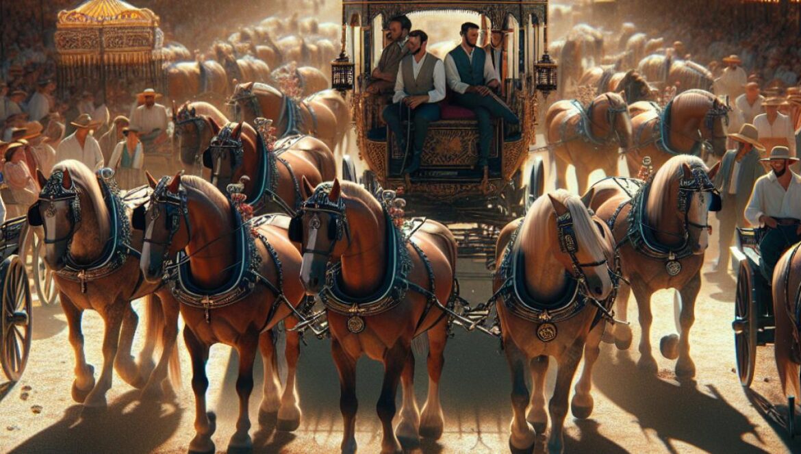 A group of horses pulling decorated carriages at the Feria de Córdoba, midday under a harsh sun, photorealistic editorial style, heat shimmer visible, concerned handlers in traditional attire, festive fairground in the background.