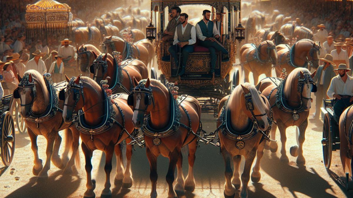A group of horses pulling decorated carriages at the Feria de Córdoba, midday under a harsh sun, photorealistic editorial style, heat shimmer visible, concerned handlers in traditional attire, festive fairground in the background.