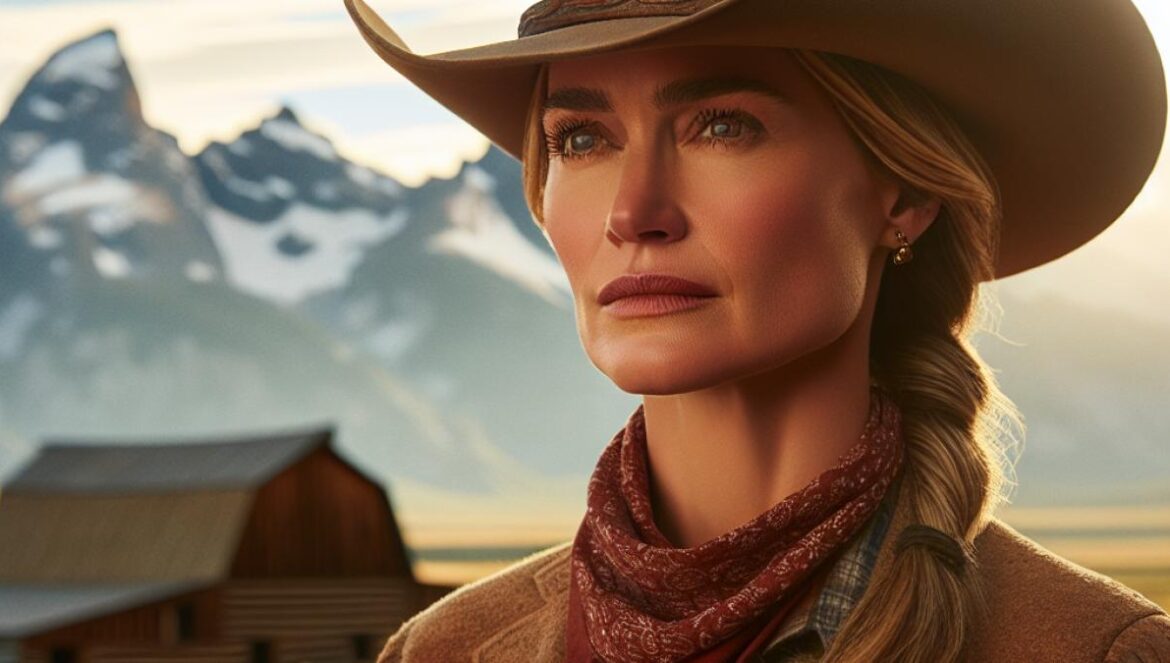 Jennifer Landon en tenue de cowgirl sur le plateau de Yellowstone, regard déterminé, fond de montagnes et ranch authentique, lumière naturelle d’un après-midi, ambiance réaliste et chaleureuse.