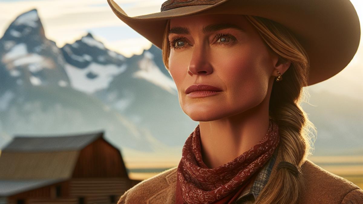 Jennifer Landon en tenue de cowgirl sur le plateau de Yellowstone, regard déterminé, fond de montagnes et ranch authentique, lumière naturelle d’un après-midi, ambiance réaliste et chaleureuse.