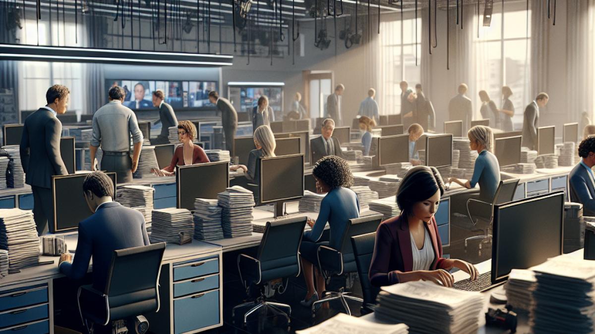 A modern TV newsroom in France, journalists packing up their belongings, a sense of departure and transition, realistic style, dynamic lighting highlighting both tension and hope.