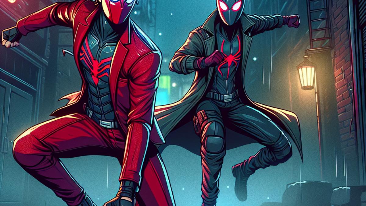 Deadpool and Batman standing side by side in a dark Gotham City alley, comic book style, moody lighting with neon signs reflecting on wet pavement, dynamic action poses with playful yet tense expressions.
