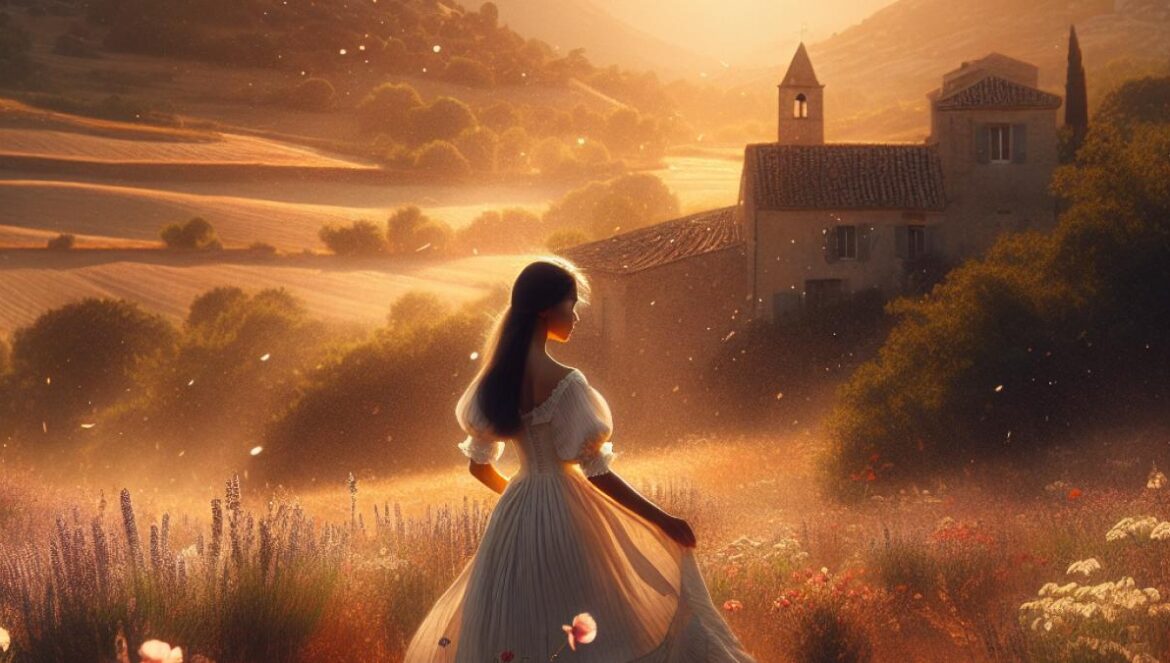 A sunlit Provençal landscape at golden hour, with a young woman in a white dress dancing alone amidst wildflowers and rugged hills; photorealistic editorial style, warm and nostalgic mood, subtle dust in the air, distant old stone farmhouses.