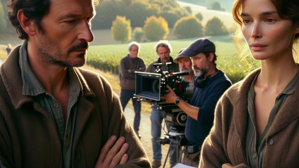 Guillaume Canet et Marion Cotillard sur un plateau de tournage en pleine campagne française, entourés d'une équipe attentive, lumière naturelle du matin filtrant à travers les arbres, ambiance concentrée mais chaleureuse, paysage vallonné en arrière-plan.