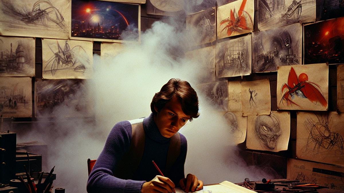 A young Ridley Scott in the late 1970s, sketching intense sci-fi storyboards in a smoky London studio, photorealistic editorial style, dramatic lighting, surrounded by Alien creature concepts and Star Wars posters on the wall.