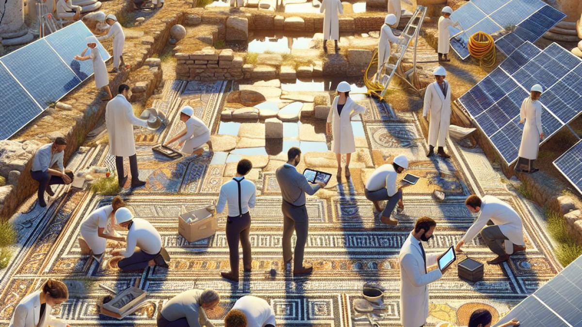 An ancient Roman archaeological site under restoration, with modern solar panels being installed nearby, realistic style, late afternoon golden light, archaeologists and engineers collaborating amidst ancient mosaics and exposed ruins.
