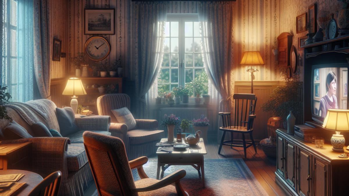 A cozy living room in a French family home, with the TV playing 'Demain nous appartient', photo-realistic style, evening ambiance, an empty armchair subtly suggesting the absence of a family member.