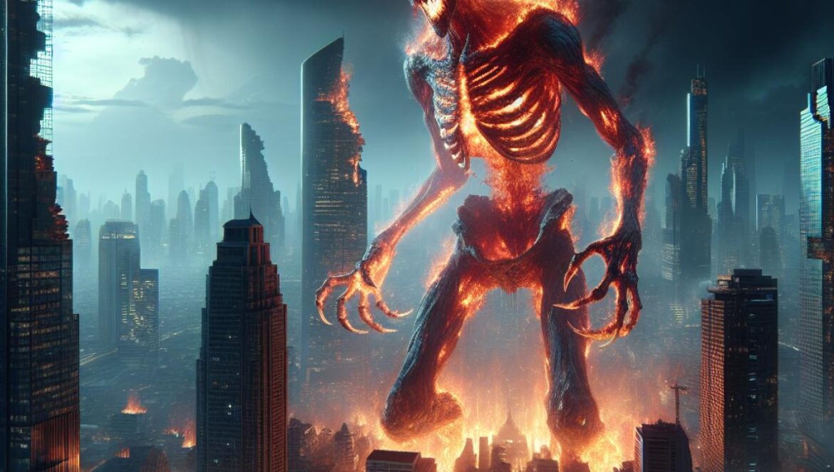 A massive, flaming skeletal creature towering over modern Bangkok at night, photorealistic editorial style, buildings in ruins, people fleeing in panic, dramatic lighting with fiery glows reflecting off glass skyscrapers and smoke-filled air.