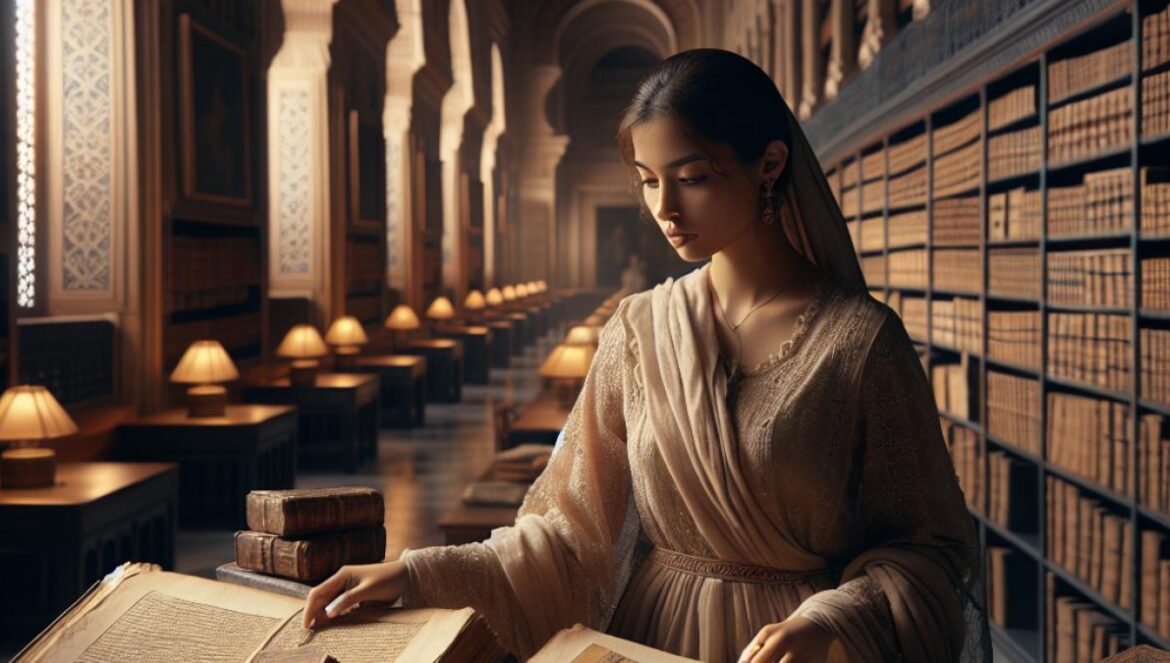 A historian examining fragile, handwritten manuscripts and antique engravings in a softly lit room at the Biblioteca Central Antonio Gala in Córdoba, photorealistic editorial style, warm tones, shelves lined with old books and visible historical documents.