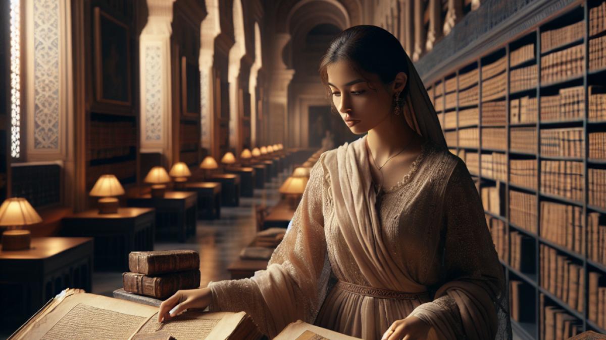 A historian examining fragile, handwritten manuscripts and antique engravings in a softly lit room at the Biblioteca Central Antonio Gala in Córdoba, photorealistic editorial style, warm tones, shelves lined with old books and visible historical documents.
