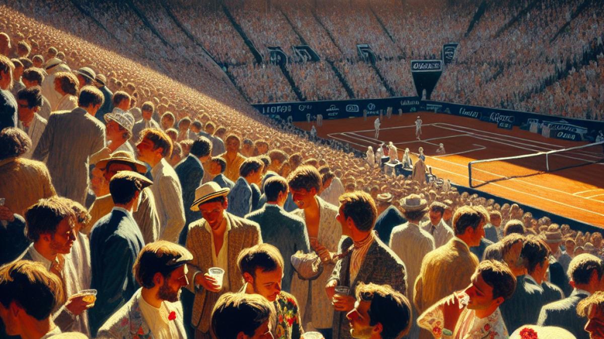 A vibrant scene at the Roland-Garros stadium, celebrities mingling in the stands, lively ambiance, candid interactions, spring afternoon light, French pop culture vibe.