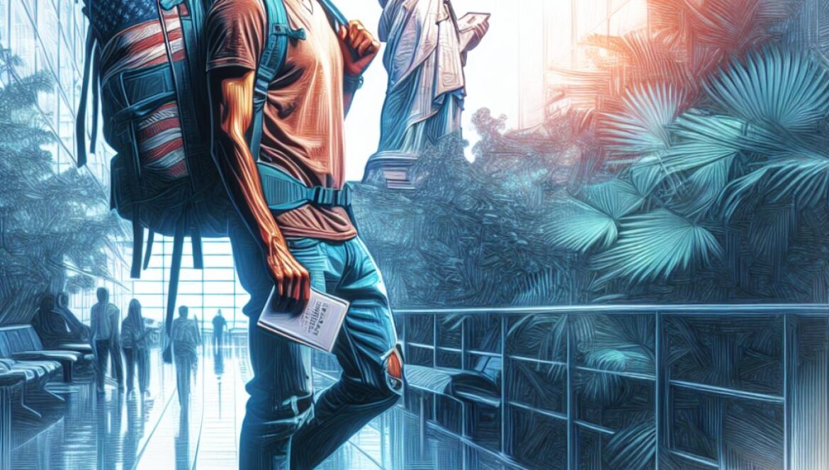 A young French man standing at an airport with a large backpack, passport in hand, looking determined and excited; contemporary digital painting style, vibrant lighting, background showing departure boards and the subtle outline of American landmarks like the Statue of Liberty blending with lush tropical plants.