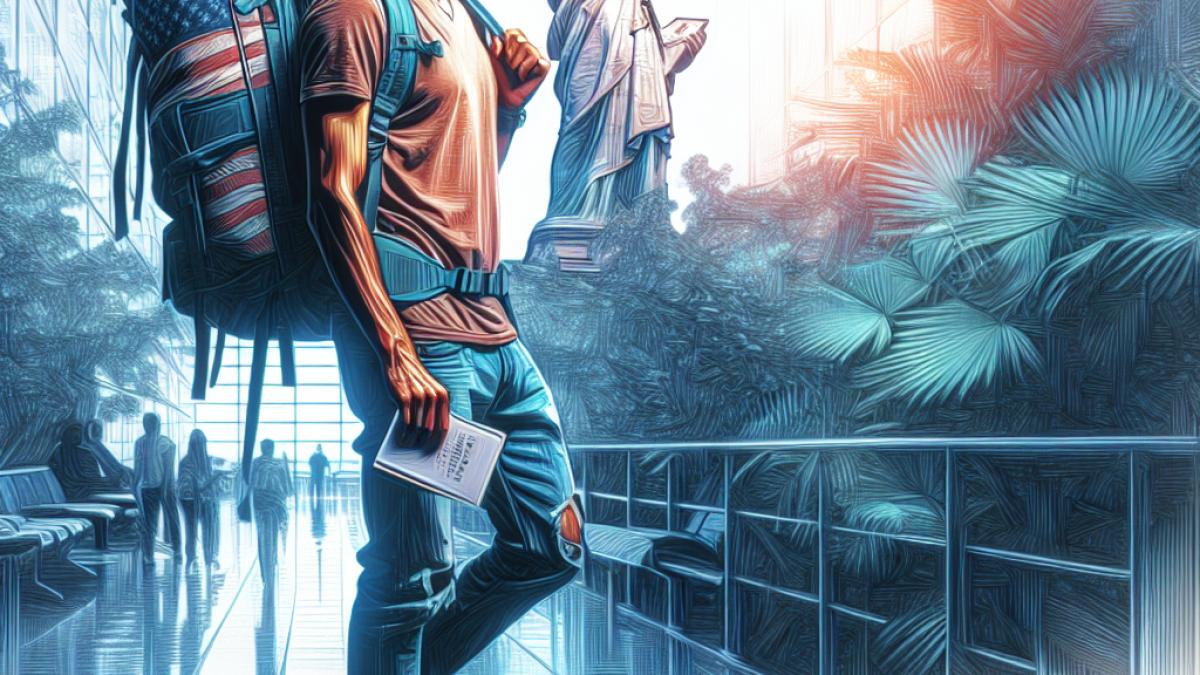 A young French man standing at an airport with a large backpack, passport in hand, looking determined and excited; contemporary digital painting style, vibrant lighting, background showing departure boards and the subtle outline of American landmarks like the Statue of Liberty blending with lush tropical plants.