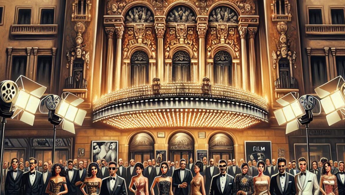 A glamorous evening scene at Barcelona's iconic Palau de la Música Catalana, red carpet event with elegantly dressed guests, film spotlights illuminating the façade, festive atmosphere, modern impressionist style, warm golden lighting, subtle hints of movie reels and Spanish artistic motifs.