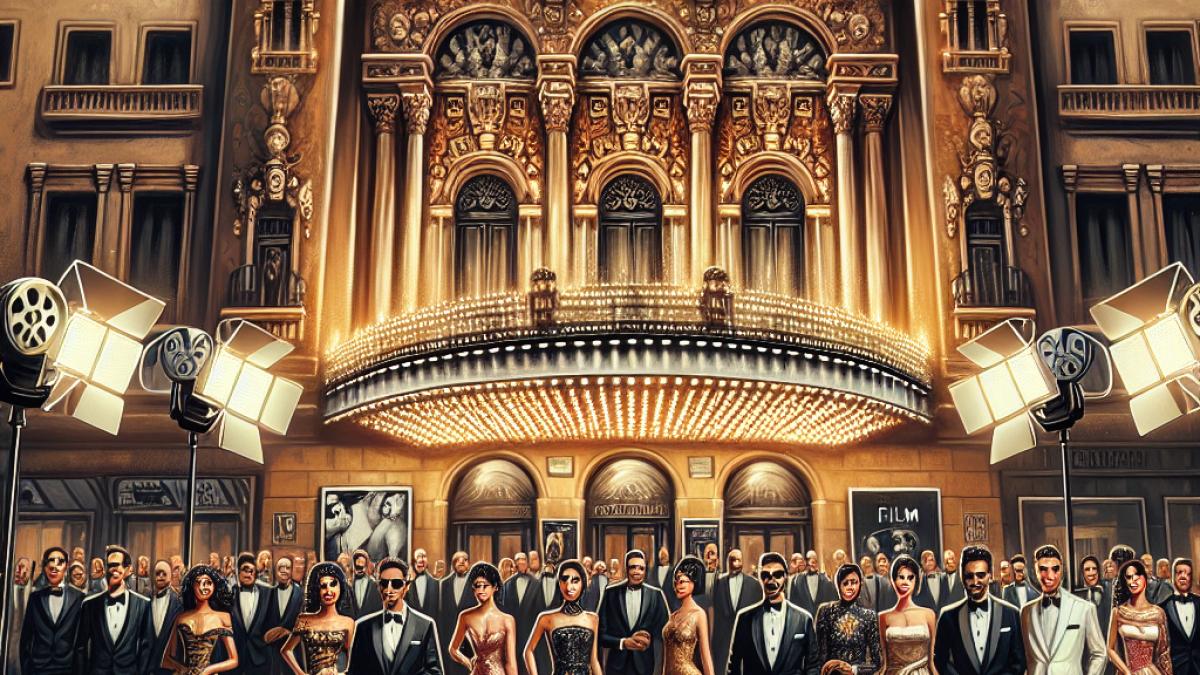 A glamorous evening scene at Barcelona's iconic Palau de la Música Catalana, red carpet event with elegantly dressed guests, film spotlights illuminating the façade, festive atmosphere, modern impressionist style, warm golden lighting, subtle hints of movie reels and Spanish artistic motifs.