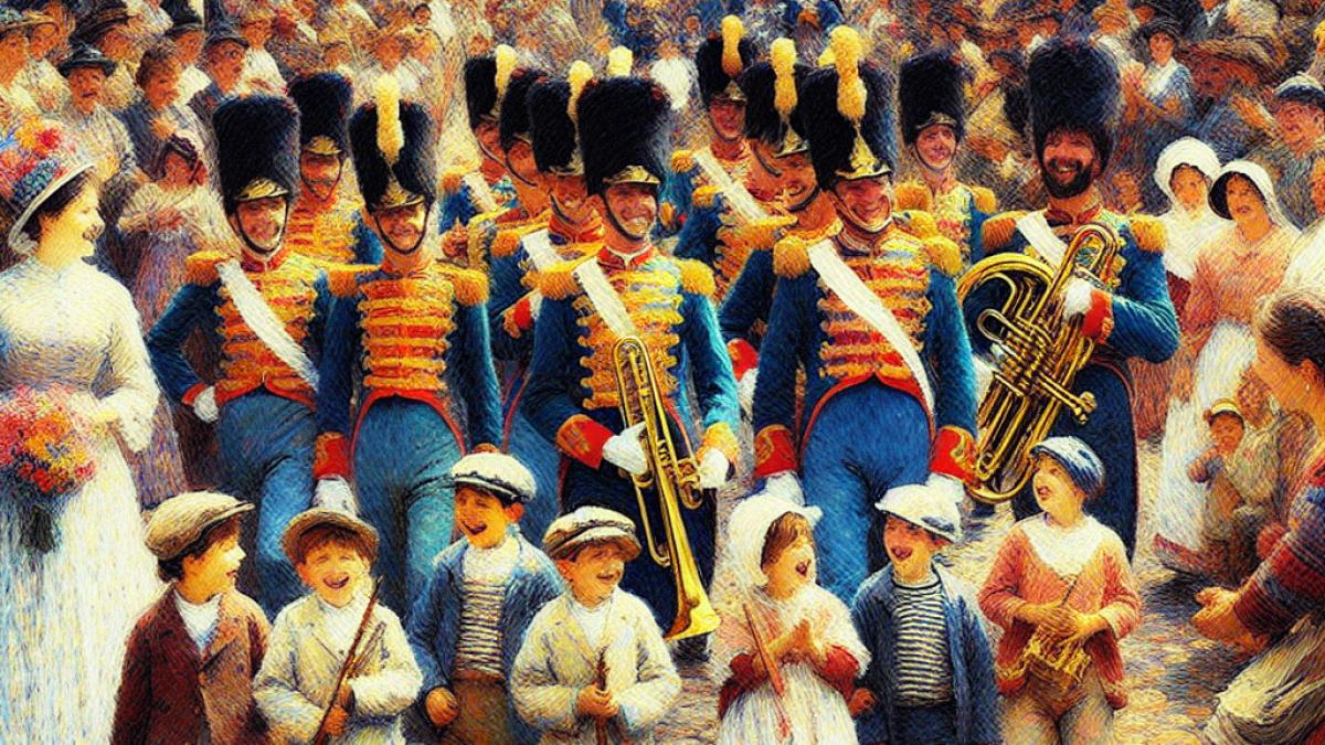 A lively street scene in a small Andalusian town, a local marching band parading with traditional uniforms and brass instruments, impressionist style, festive daylight ambiance, onlookers clapping and children smiling along the cobblestone path.