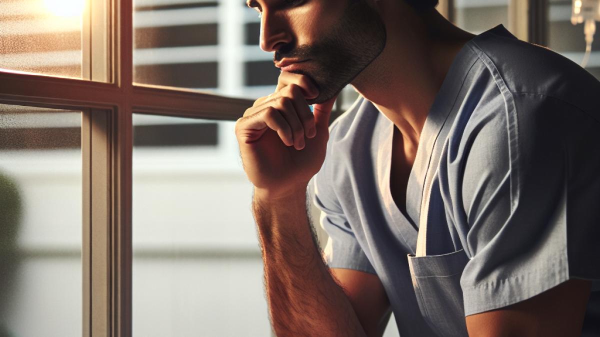 Sergio Peris-Mencheta assis près d’une grande fenêtre d’hôpital, regard pensif sur un carnet, lumière douce de fin d’après-midi, atmosphère intime et réaliste, détails de carnets ouverts et appareils médicaux discrets en arrière-plan.