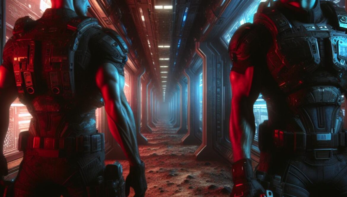 Dwayne Johnson and Karl Urban in futuristic military gear, cautiously exploring a dimly lit, industrial Mars corridor, photorealistic editorial style, tense mood with stark red and blue lighting, grungy metallic textures and digital displays hinting at danger.