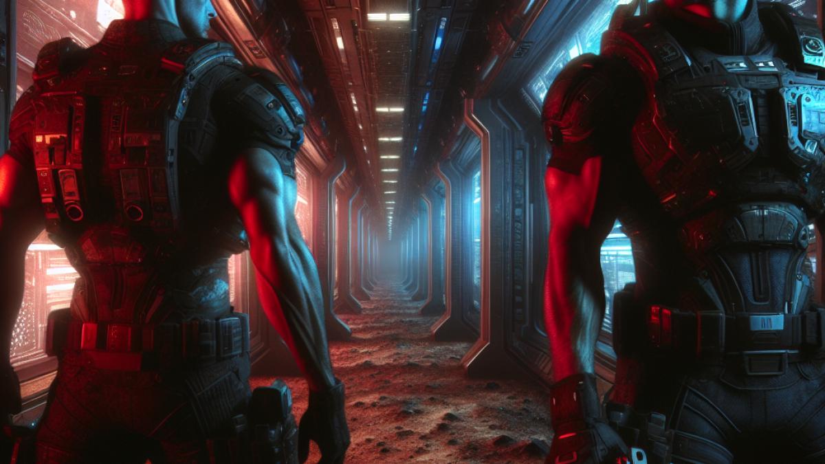 Dwayne Johnson and Karl Urban in futuristic military gear, cautiously exploring a dimly lit, industrial Mars corridor, photorealistic editorial style, tense mood with stark red and blue lighting, grungy metallic textures and digital displays hinting at danger.
