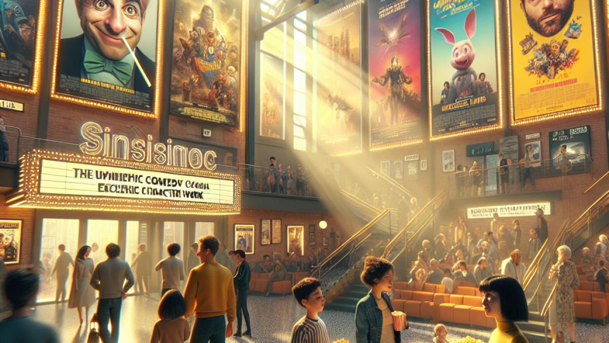 A vibrant, photorealistic editorial image of a stylish urban cinema lobby on a sunny afternoon, with diverse movie posters including a quirky Wes Anderson comedy, a dramatic thriller starring Benicio del Toro, and an animated Peppa Pig film; families, film buffs, and friends chat energetically under soft golden lighting, popcorn in hand.