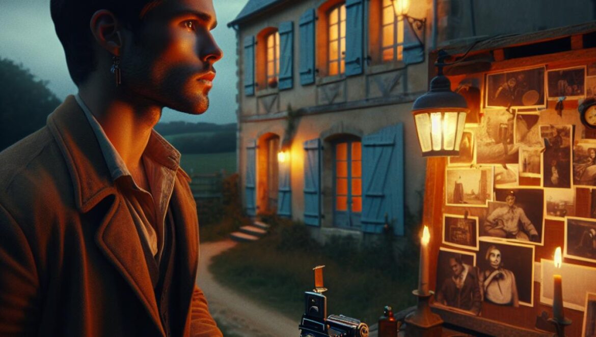 A young man standing pensively in front of an old French country house at dusk, photorealistic editorial style, soft warm lighting, subtle hints of music memorabilia scattered around, evoking nostalgia and resilience.