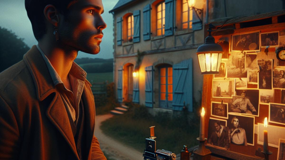 A young man standing pensively in front of an old French country house at dusk, photorealistic editorial style, soft warm lighting, subtle hints of music memorabilia scattered around, evoking nostalgia and resilience.