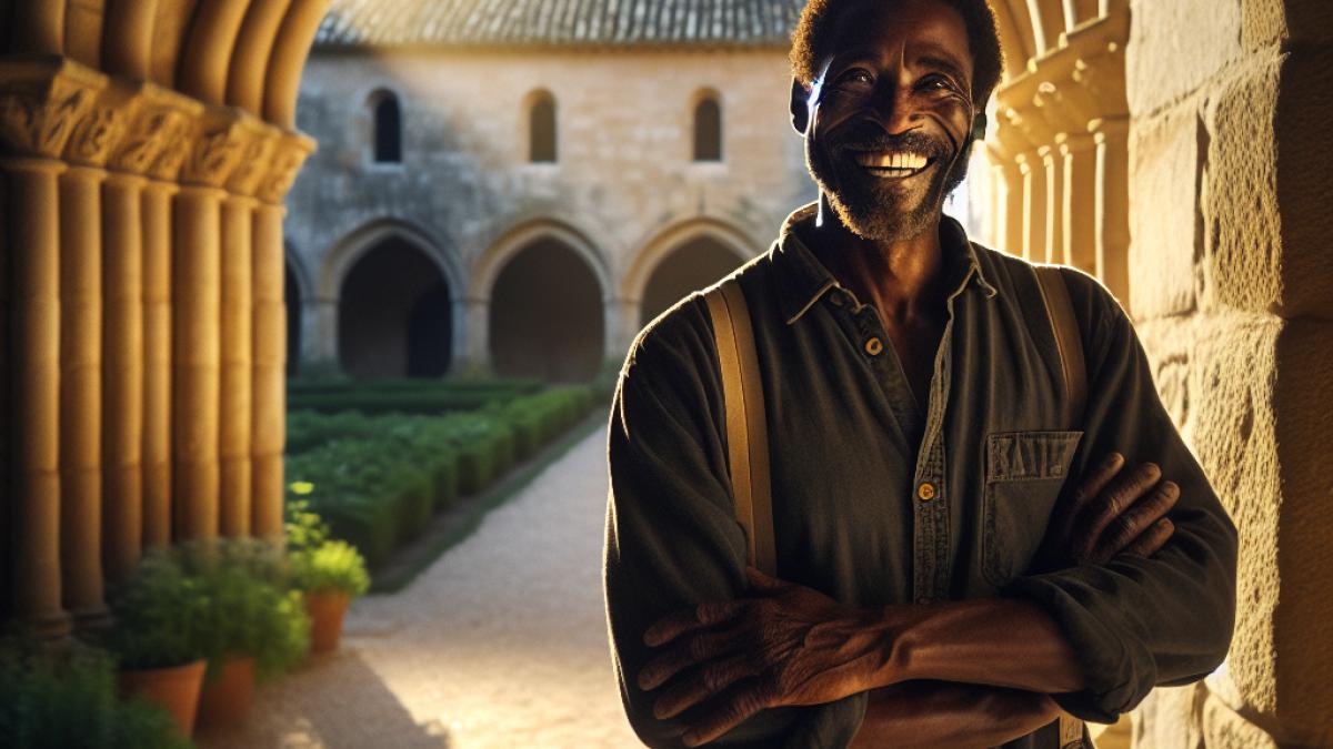 A middle-aged West African man, smiling warmly, stands at the arched entrance of the historic Monastery of Sijena in rural Spain, late afternoon light casting soft shadows; he wears work clothes and holds gardening gloves, exuding a welcoming presence. Photorealistic editorial style, authentic stone architecture and subtle greenery visible.