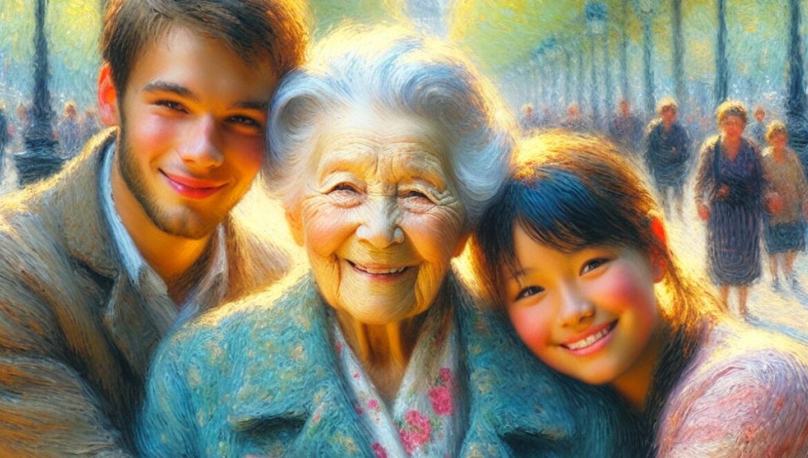 A mature French woman in her late sixties with a serene smile, embracing two young adults of Tibetan origin in a sunlit Parisian park, impressionist painting style, gentle afternoon light highlighting affection and generational diversity.