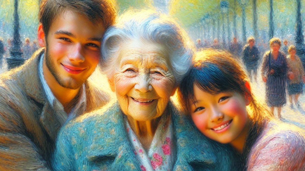 A mature French woman in her late sixties with a serene smile, embracing two young adults of Tibetan origin in a sunlit Parisian park, impressionist painting style, gentle afternoon light highlighting affection and generational diversity.