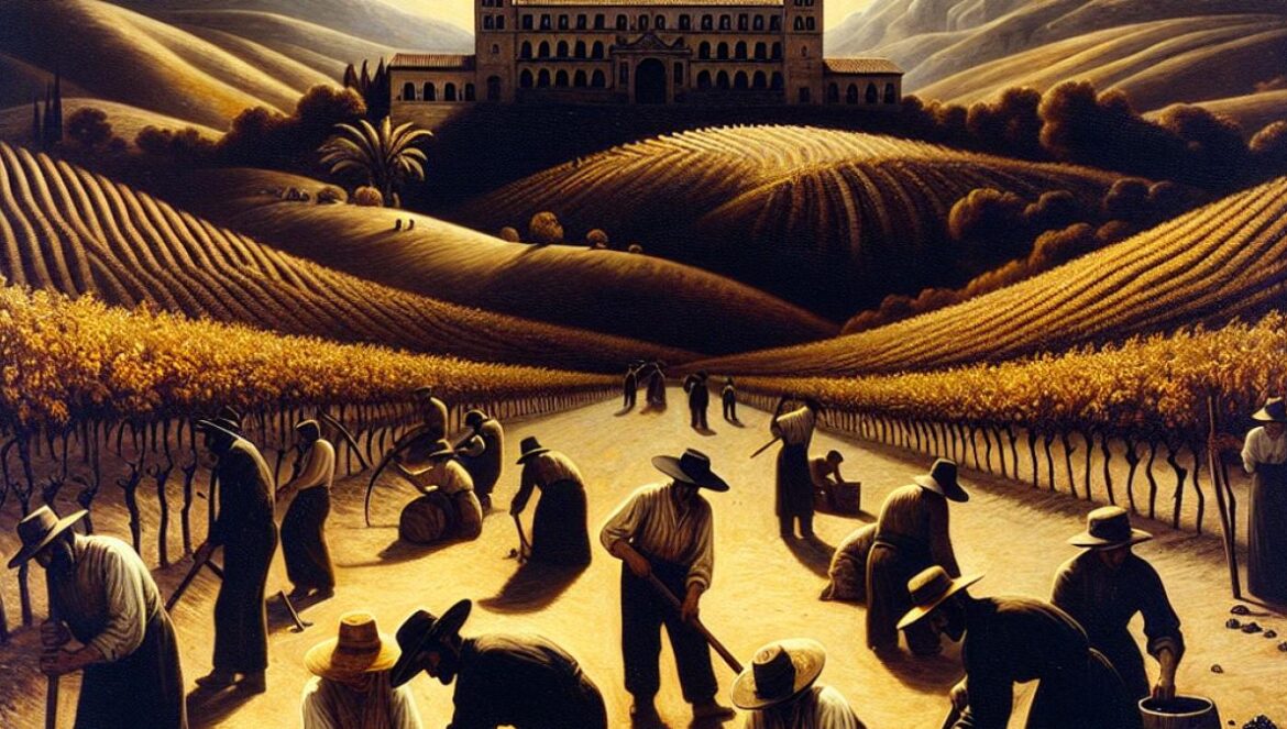 A shadowy scene in late 19th-century Andalusia, with rural workers under a scorching sun, an imposing wine estate in the background, and a mysterious black hand symbol painted on a wooden door. The style is reminiscent of oil painting with dramatic lighting, evoking tension and intrigue.
