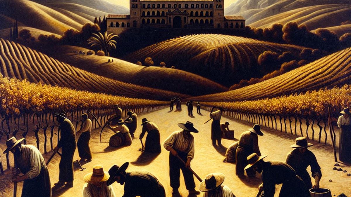 A shadowy scene in late 19th-century Andalusia, with rural workers under a scorching sun, an imposing wine estate in the background, and a mysterious black hand symbol painted on a wooden door. The style is reminiscent of oil painting with dramatic lighting, evoking tension and intrigue.