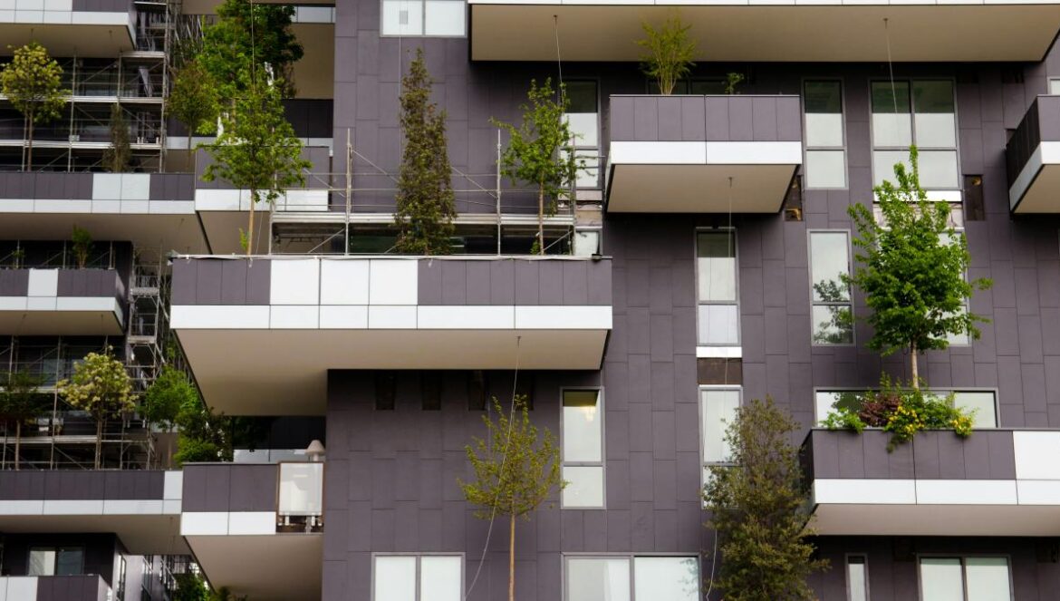 green trees in front of white concrete building