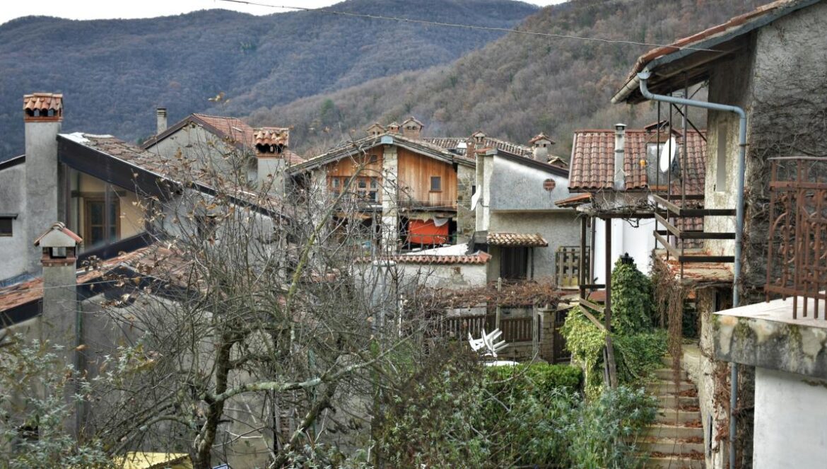 a view of a village with mountains in the background