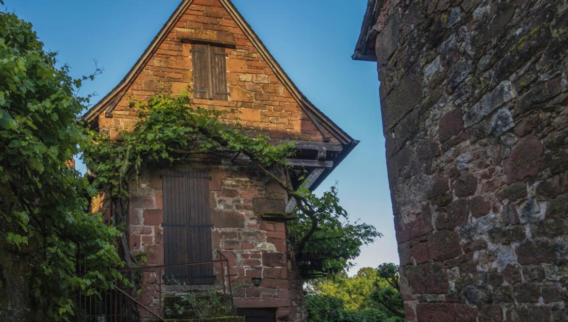an old brick building with vines growing on it