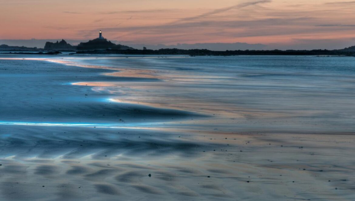 a view of a beach at sunset with a lighthouse in the distance