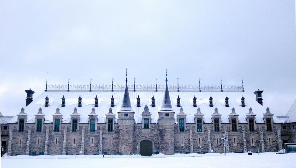 a large building with a lot of snow on top of it