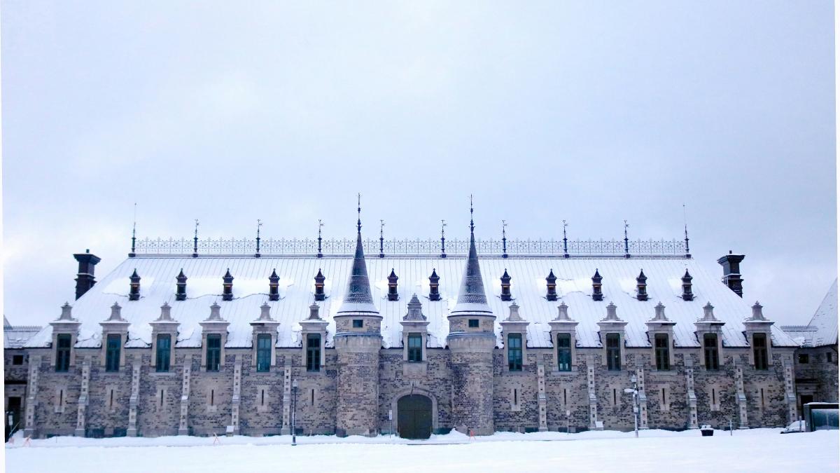 a large building with a lot of snow on top of it
