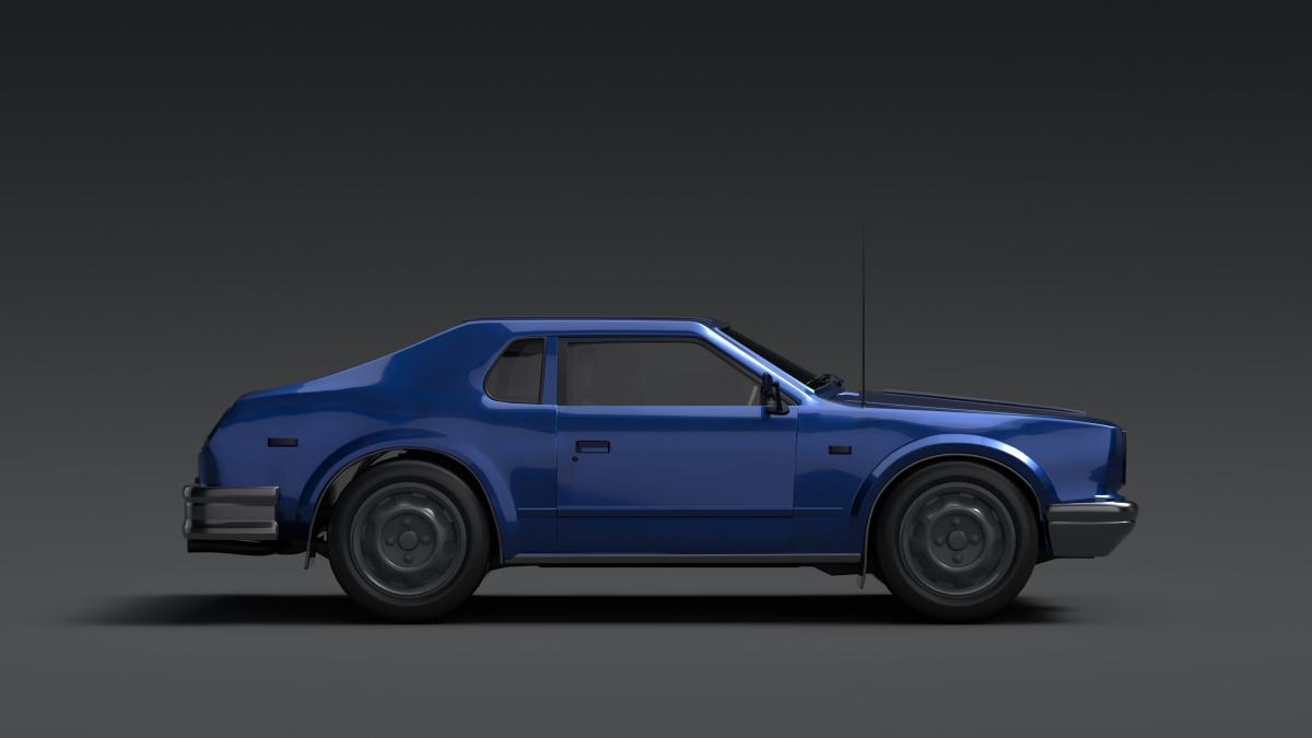 A blue car is shown on a gray background