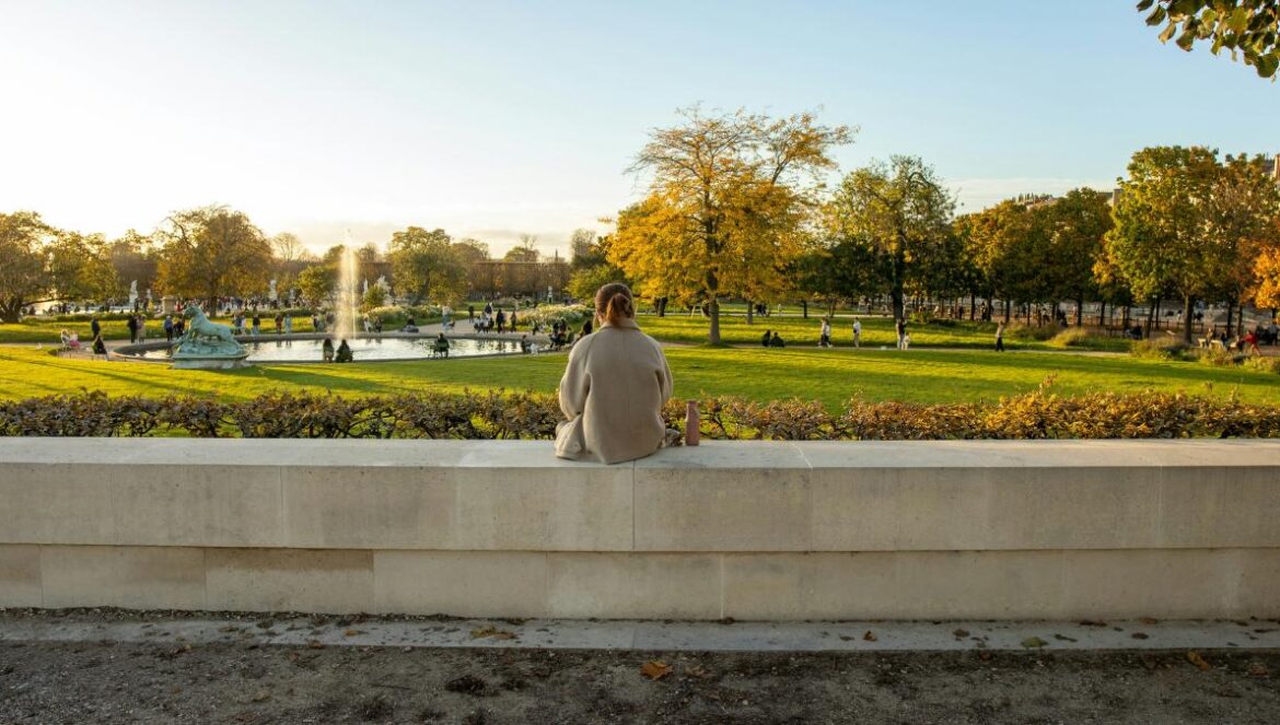 A person sitting on a ledge looking at a park