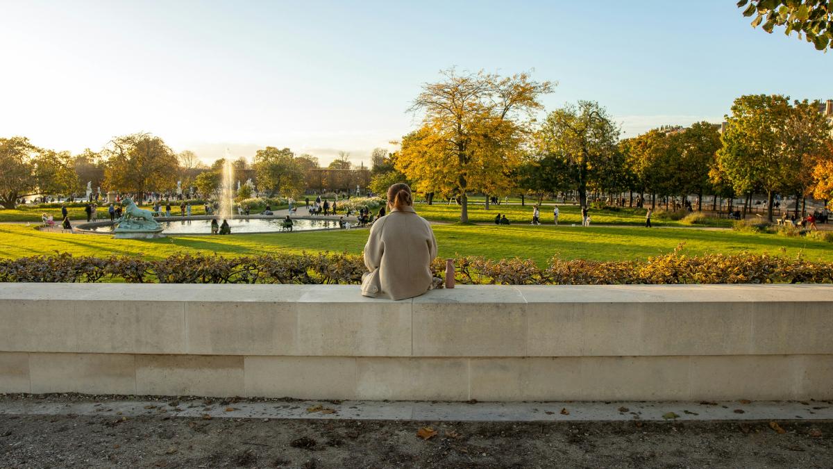 A person sitting on a ledge looking at a park