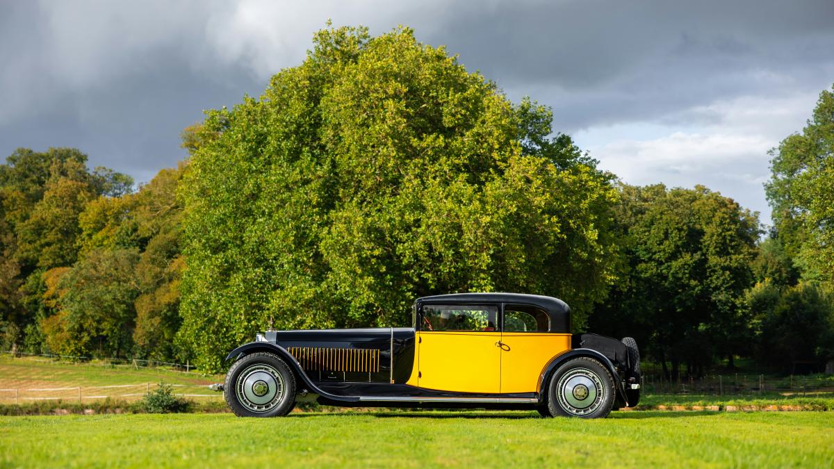 A classic car stands in a lush green field.