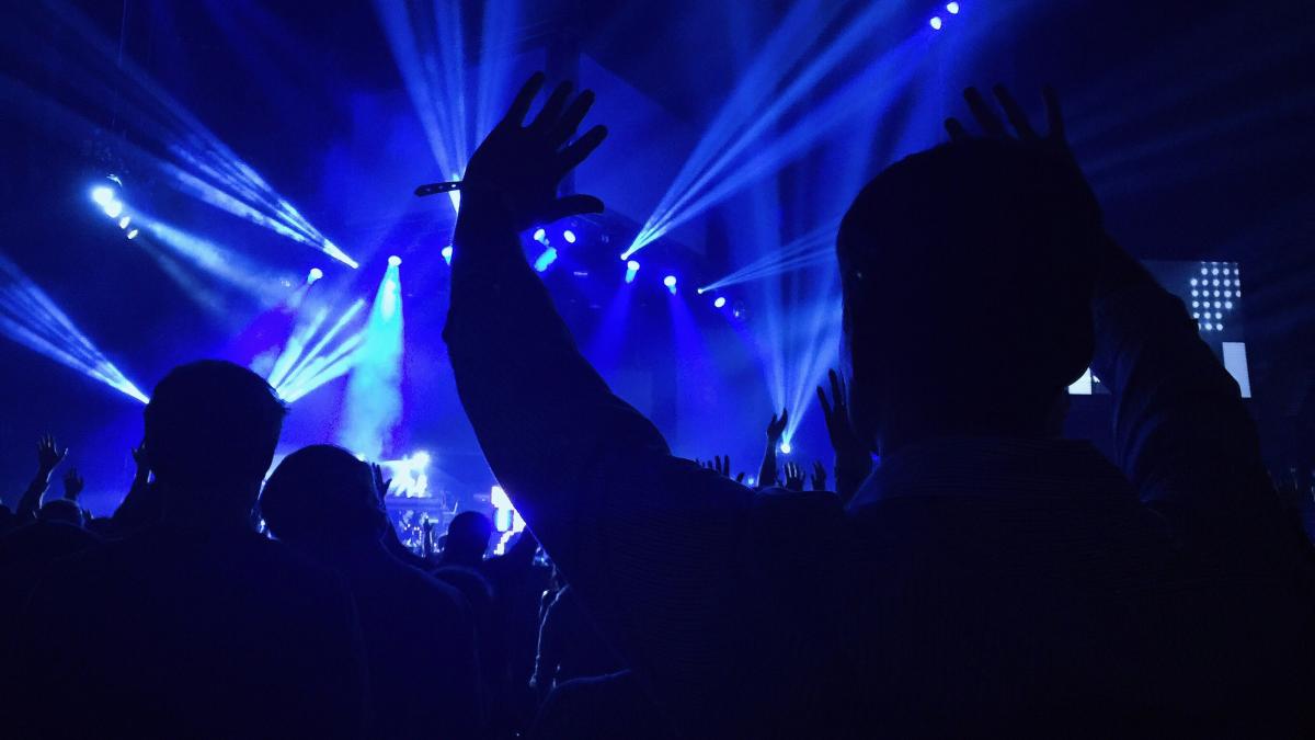 group of people standing inside dome watching concert