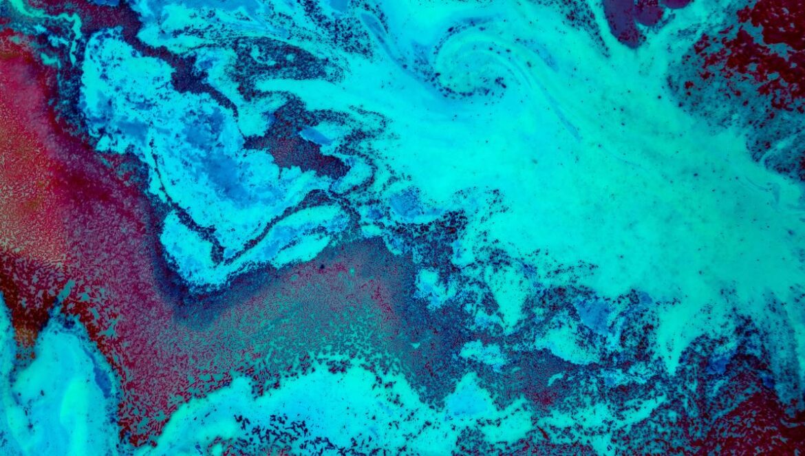 green, red, and white abstract painting