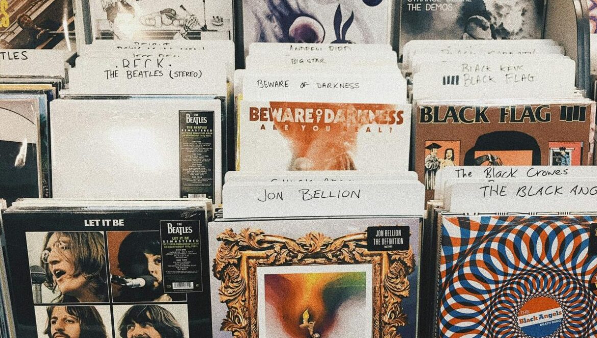 pile of assorted-title vinyl album record sleeves