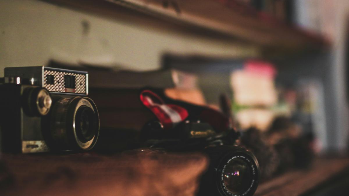 black camera on shelf